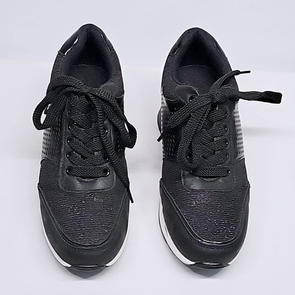 Cesftini Wedge Sneakers Women Black Glitter Hidden Heel Lace Up Fashion Athletic - Picture 3 of 9